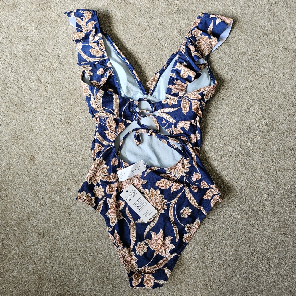 NWT Women's Floral Ruffled Lace Up One Piece Swimsuit Small - Picture 9 of 9